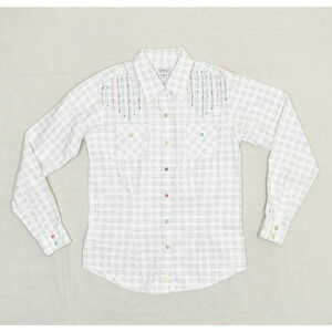 Twenty X Women Pearl Snap Button Top Size S Cotton White Plaid Long Sleeve